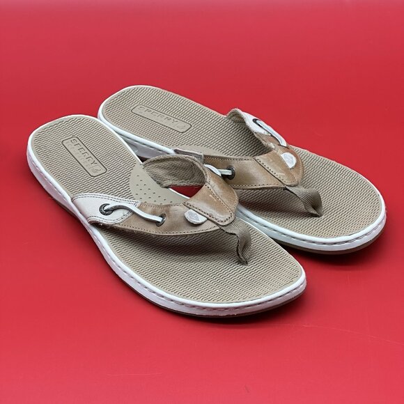 Sperry TopSider Seafish Beige Leather Thong Sandals Flip Flops Women's Size 9.5M - Picture 1 of 8